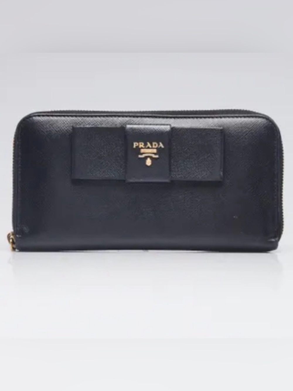 PRADA Large Black Saffiano Leather Zip Around Wallet with Bow